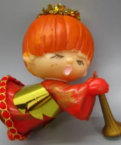 Vintage 70s Plastic Blowmold Orange Angel with Horn Christmas Ornament Decoration