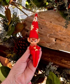 Vintage Elf Pixie Knee Hugger Christmas Ornament MCM 1950 1960 Pointed Cone Hat 8” Plastic Retro Kitsch Decor Japan MINT NOS