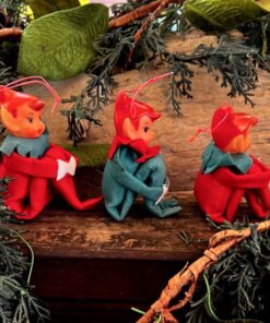 Vintage NAPCO Elf Pixie Knee Hugger Christmas Ornament 1940 1950 Plastic MCM Green Red Retro Kitsch Decor Set 3