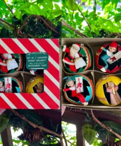 Vintage Montgomery Ward Elf Angel Santa Pixie Christmas Ornament Cracked Diorama Blow Mold Japan MCM 1960 1970 Retro Kitsch Decor Set 4 IOB