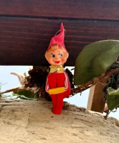 Vintage Delta Knee Hugger Elf Plastic Christmas Ornament 1950 1960 Retro Kitsch 5” Rubber Elf Red Striped Metallic MCM Japan NOS