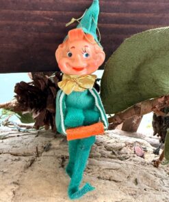Vintage Elf Pixie Knee Hugger Christmas Ornament 1950 1960 Delta 5” Rubber Plastic Green Striped Metallic Japan Retro Kitsch Decor NOS