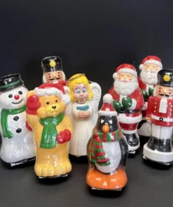 Vintage blow-molded Christmas lights: Santa Claus, bear, angel, penguin, nutcracker, snowman