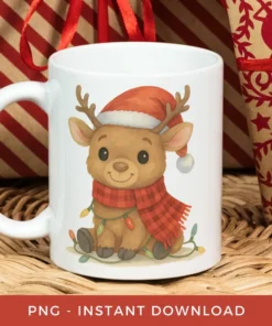 Cute Christmas Reindeer PNG, Watercolor Deer Clipart (Digital Download)
