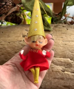 Vintage Pointed Cone Hat Pixie Knee Hugger Christmas Ornament 8” 1950 1960 Plastic BRINNS Elf Pixie Retro Kitsch Decor A