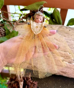Vintage Spun Cotton Tulle Angel Christmas Ornament 1950 1960 Yellow Mesh Blow Mold Plastic Mercury Glass Retro Kitsch Easter Decor