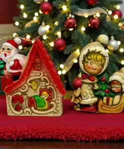 Vintage Japan Blow Mold Christmas Ornament Pair Santa in Chimney House & Children with Sled • Retro Mid‑Century Holiday Tree Décor 3.5" Tall