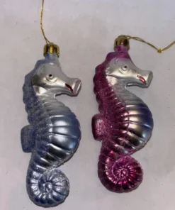 2 Seahorse Purple & Blue Plastic Christmas Tree Ornaments Vintage Blow Mold 4.5”