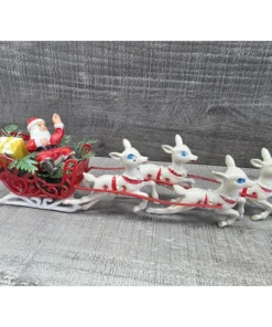 Vintage Christmas Blow Mold Tabletop Santa And Reindeer 12" Long Hong Kong g51b