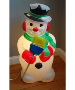 Illuminated Christmas ornament, snowman, Empire style, 1968, blow-molded, with broom, 34 inches