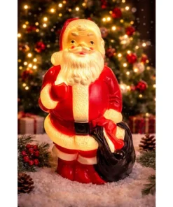 Vintage Empire Santa Claus, 1968 blow-molded red illuminated costume, 13-inch black Christmas bag