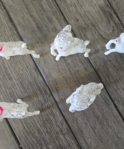 5 Vintage 1950’s Japan Christmas Celluloid Blow Mold Reindeer 3" White & Pink with Silver Glitter MCM Retro