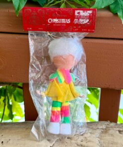 Vintage Mod Striped Elf Knee Hugger Christmas Ornament 1960 1970 5 1/2” Neon Striped Pink Green Yellow Plastic Blow Mold Retro Easter Decor