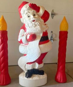 Vintage Christmas Blow Mold Lot Santa With List 43" & Pair 36" Candles Lighted